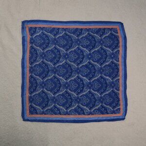vintage square satin chiffon scarf, blue scallop paisley with pink border
